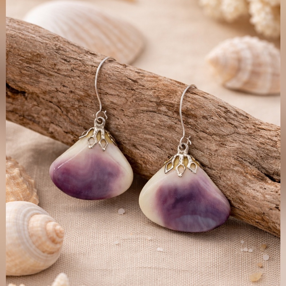 Wampum Shell Dangle Earrings | Purple & White Natural Shell Silver Hook